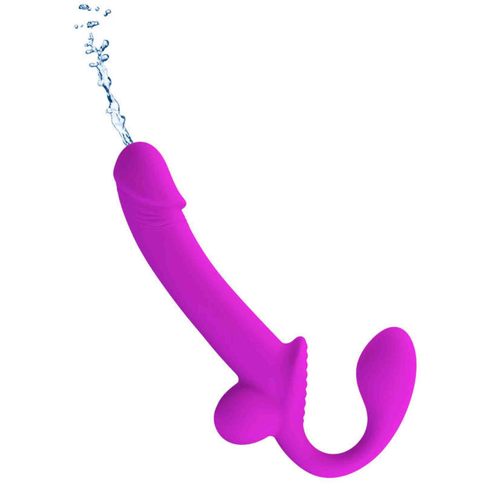 Dildo strapless viola acceso Kelpie in azione con spruzzata d'acqua simulata su sfondo bianco