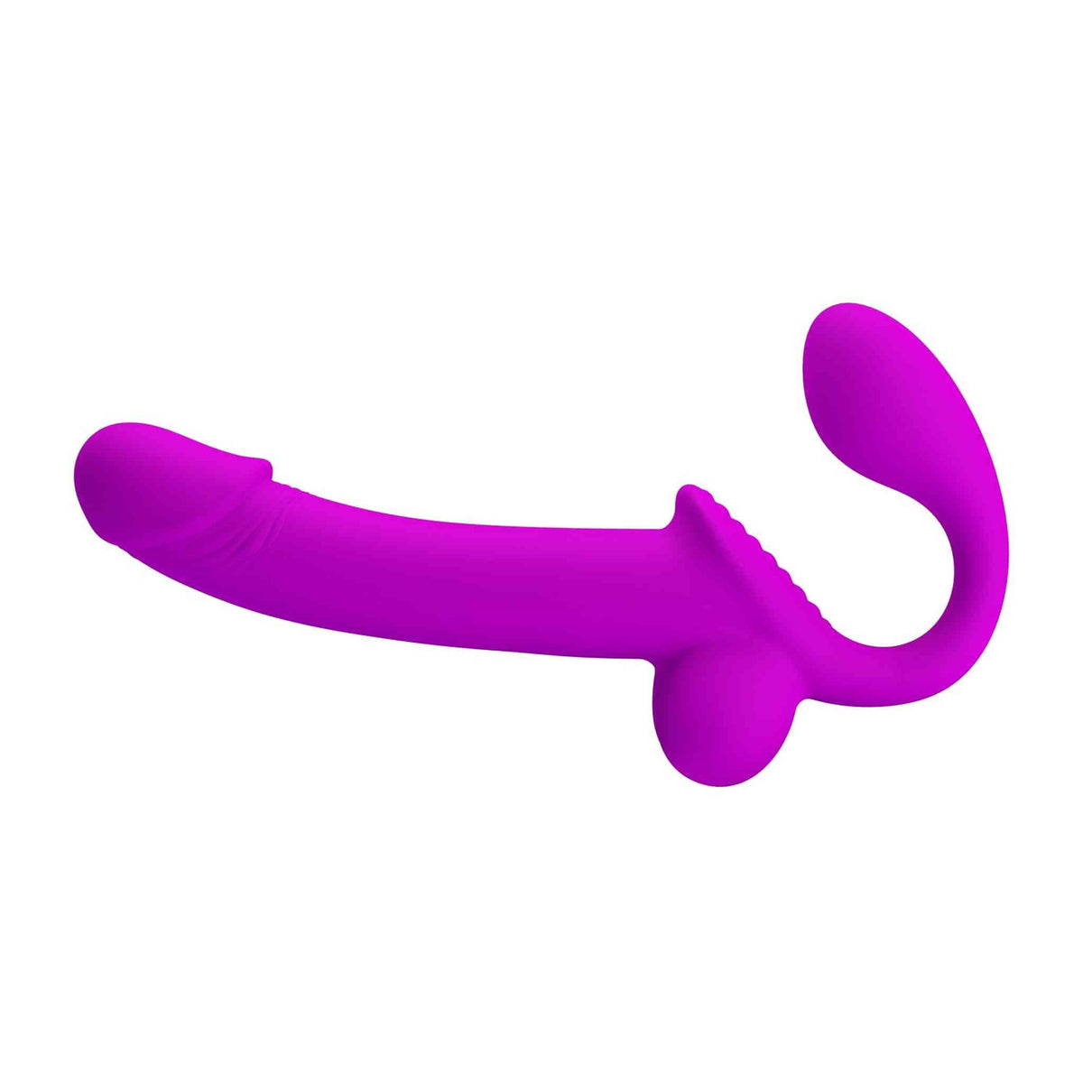 Vista laterale completa dildo strapless viola acceso Kelpie con base curva a U e rilievi interni