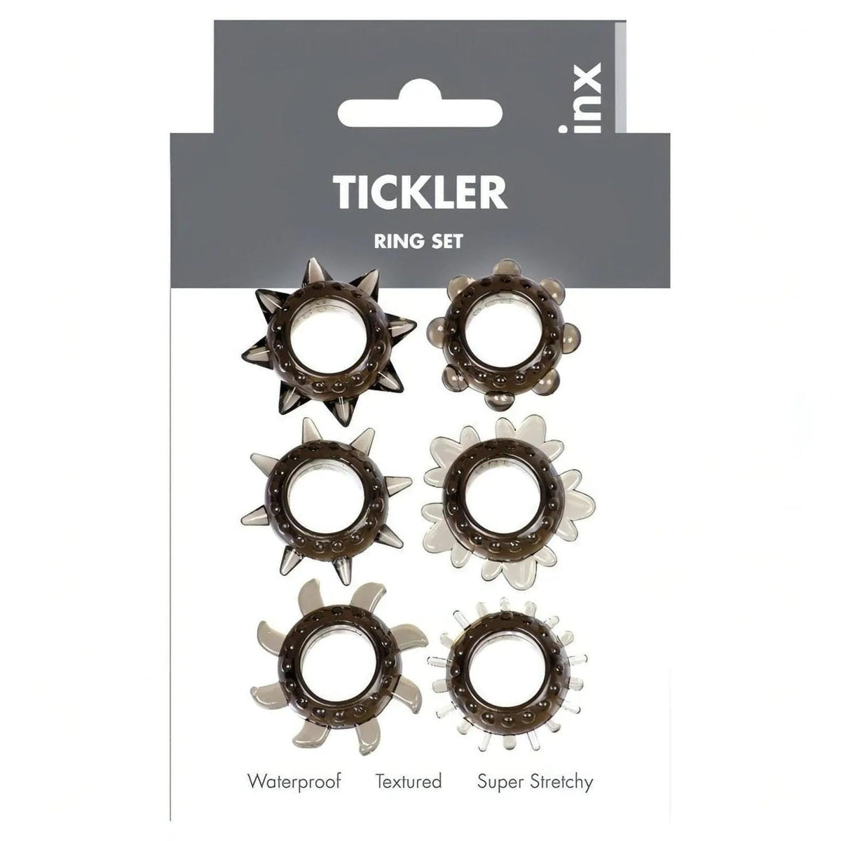 Kit 6 anelli fallici Tickler grigio fumo con texture stellate e sferiche