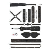 Kit BDSM 13 pezzi denim nero a disposizione piatta con frustino, croce Hogtie e dettagli cucitura