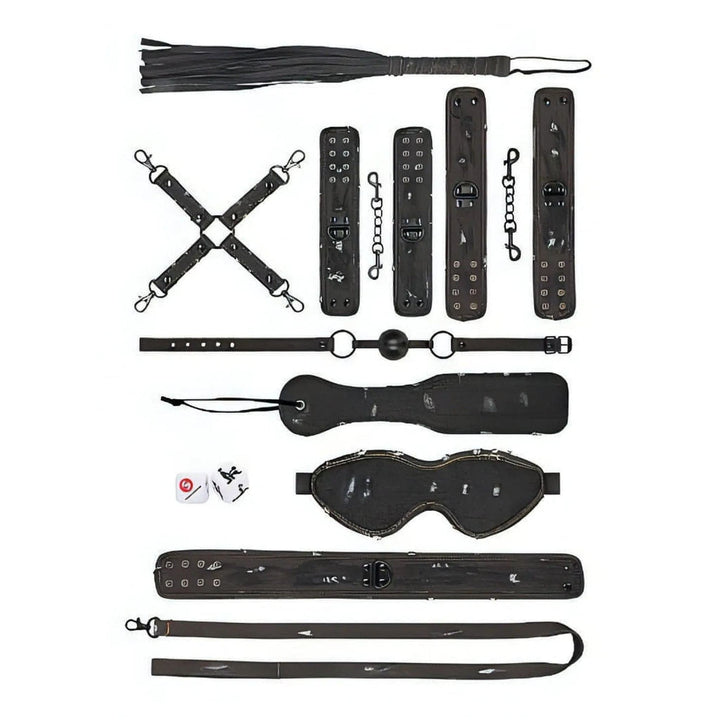 Kit BDSM 13 pezzi denim nero a disposizione piatta con frustino, croce Hogtie e dettagli cucitura