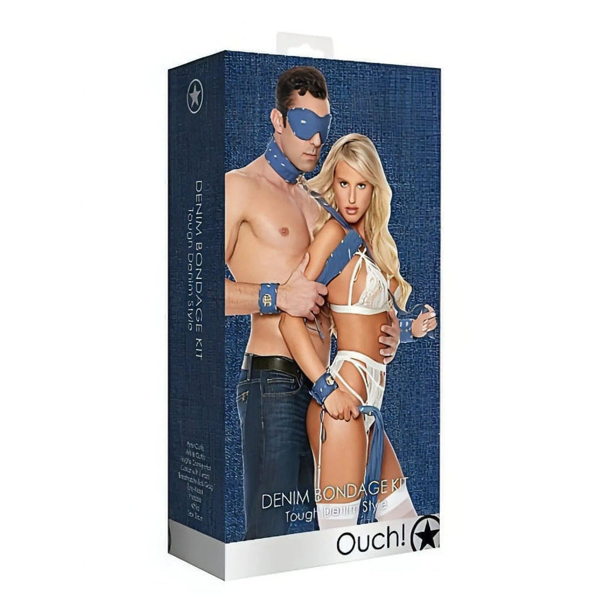 Scatola Kit Bondage Denim Rinforzato Ouch! con accessori blu pois su sfondo denim texture