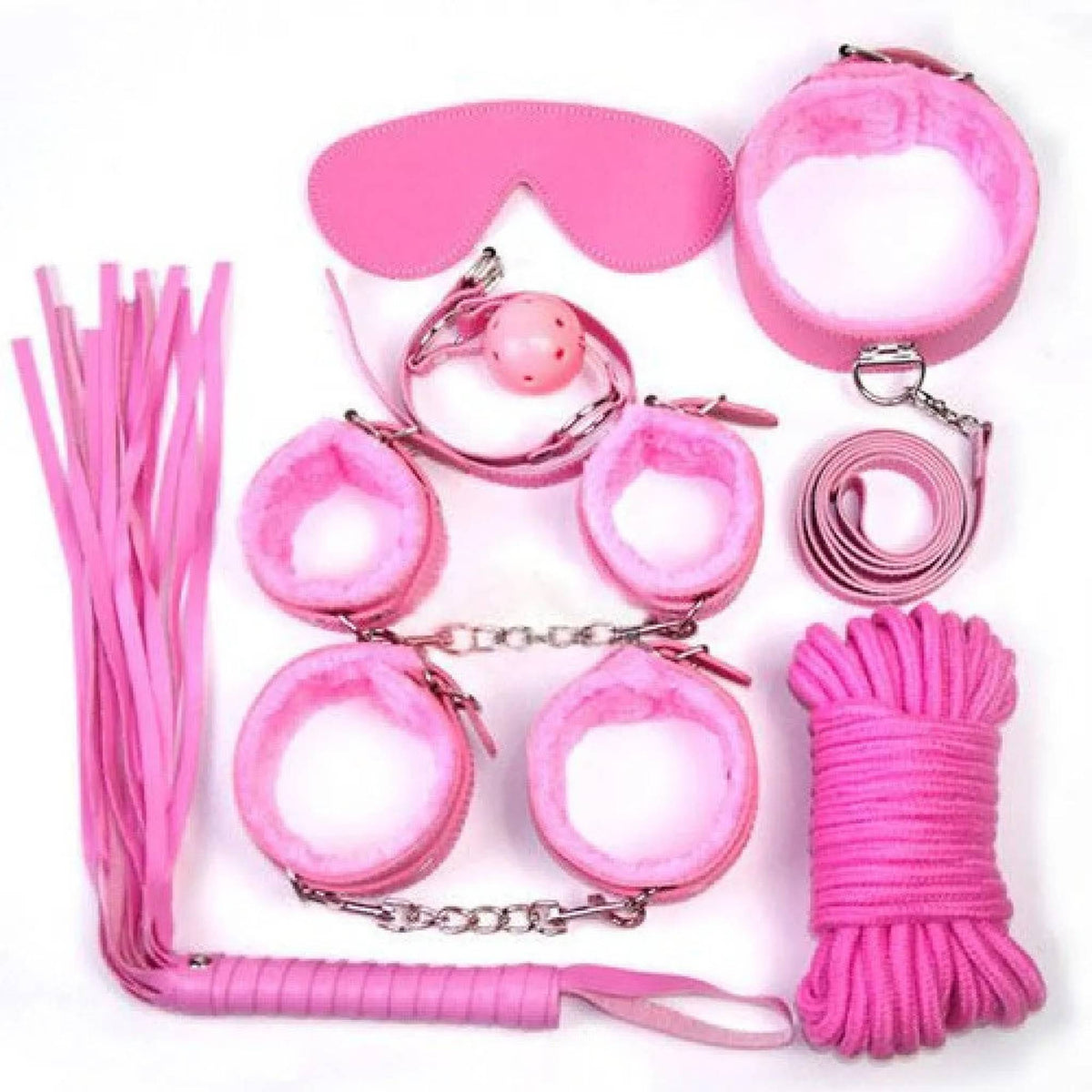 Kit bondage rosa completo con mascherina, collare peloso, gag sferica e frustino