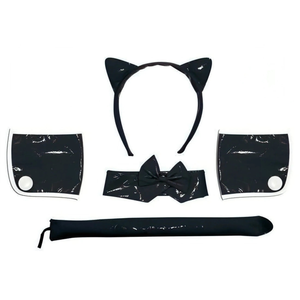 Kit accessori gattina nero con cerchietto orecchie, collare papillon, polsini e coda