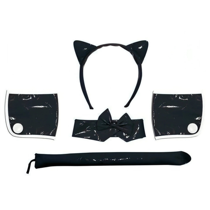 Kit accessori gattina nero con cerchietto orecchie, collare papillon, polsini e coda