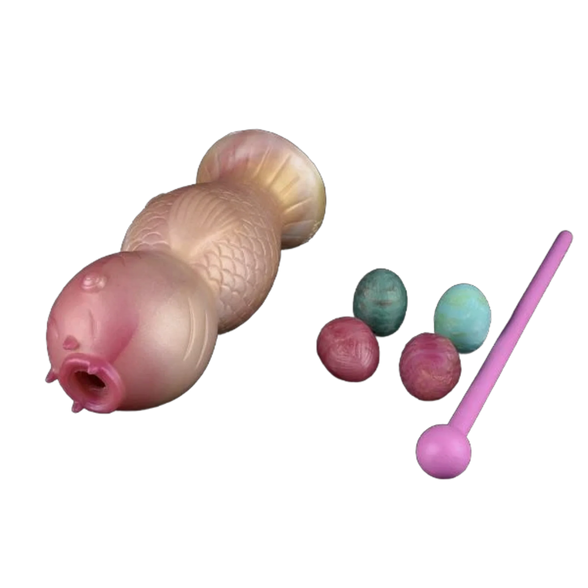 Set pesce koi rosa con tre uova colorate e bastoncino accessorio