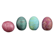 Quattro uova ovali per pesce koi rosso, verde, azzurro e rosa metallico