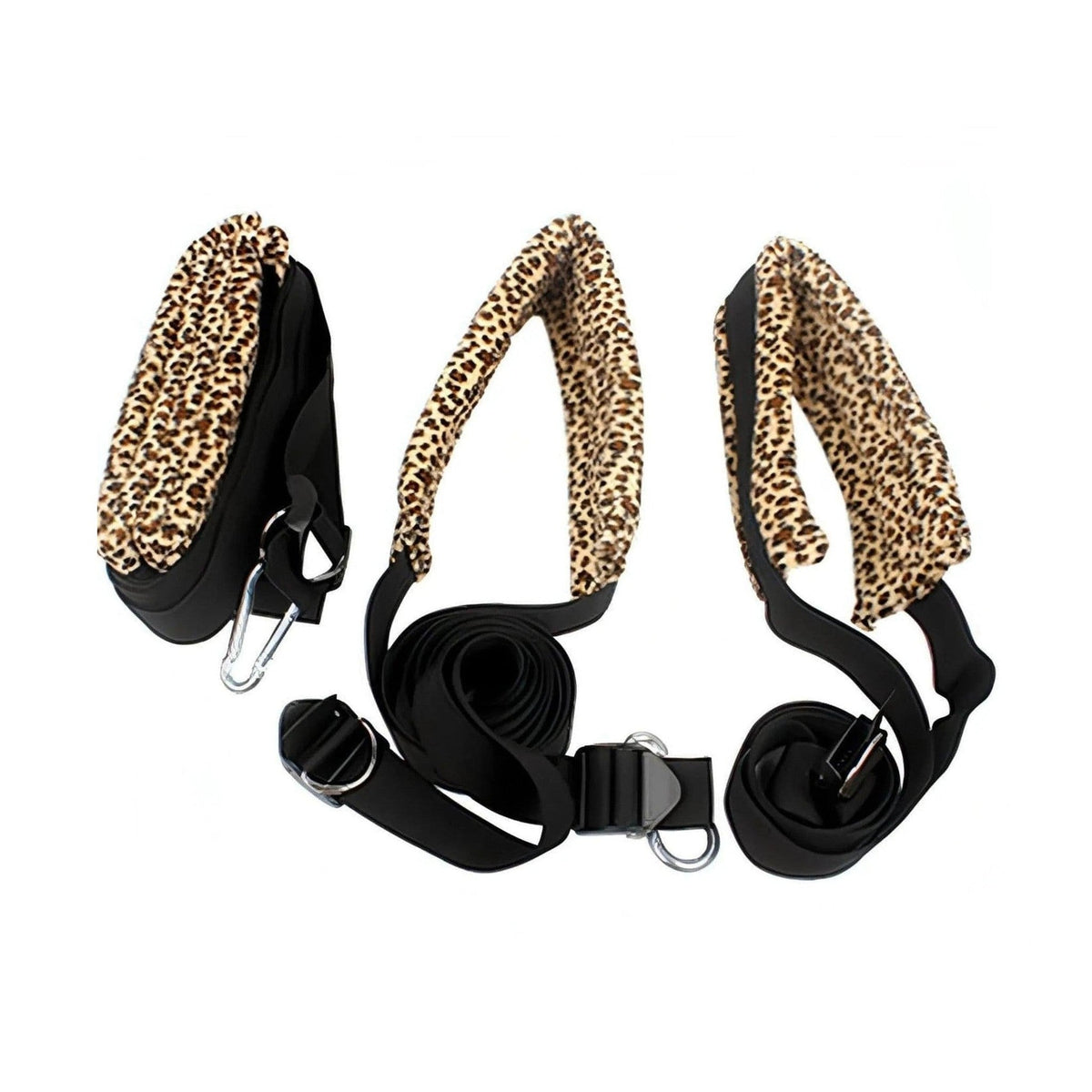 Vista completa altalena amore leopardata con anelli metallici e cinghie imbottite