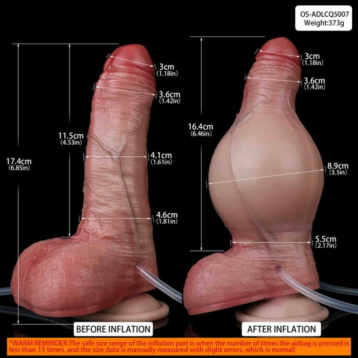 Confronto dimensioni dildo prima e dopo gonfiaggio con misurazioni in cm e pollici