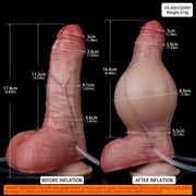 Confronto dimensioni dildo prima e dopo gonfiaggio con misurazioni in cm e pollici