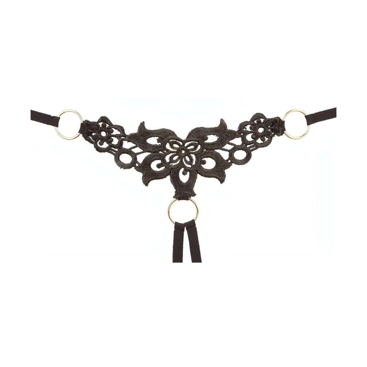 Dettaglio mutandina thong nera Cottelli con pizzo floreale centrale e anelli metallici laterali