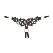 Dettaglio mutandina thong nera Cottelli con pizzo floreale centrale e anelli metallici laterali
