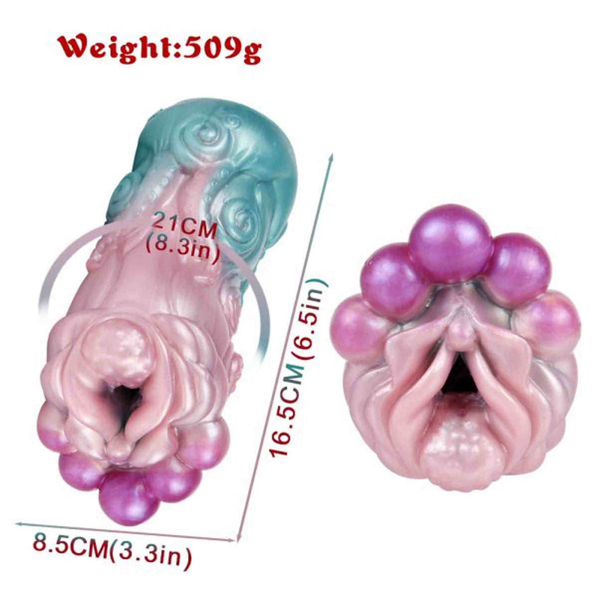 Dati tecnici dimensioni toy silicone liquido 21 cm peso 509g vista frontale e laterale