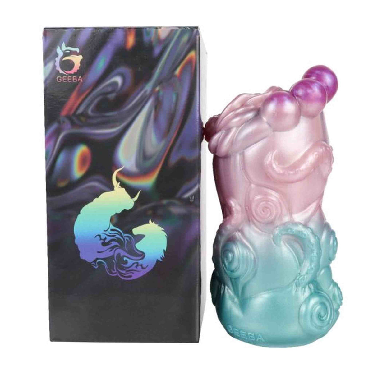 Toy in silicone liquido GEEBA con finitura iridescente rosa e turchese, confezione nera
