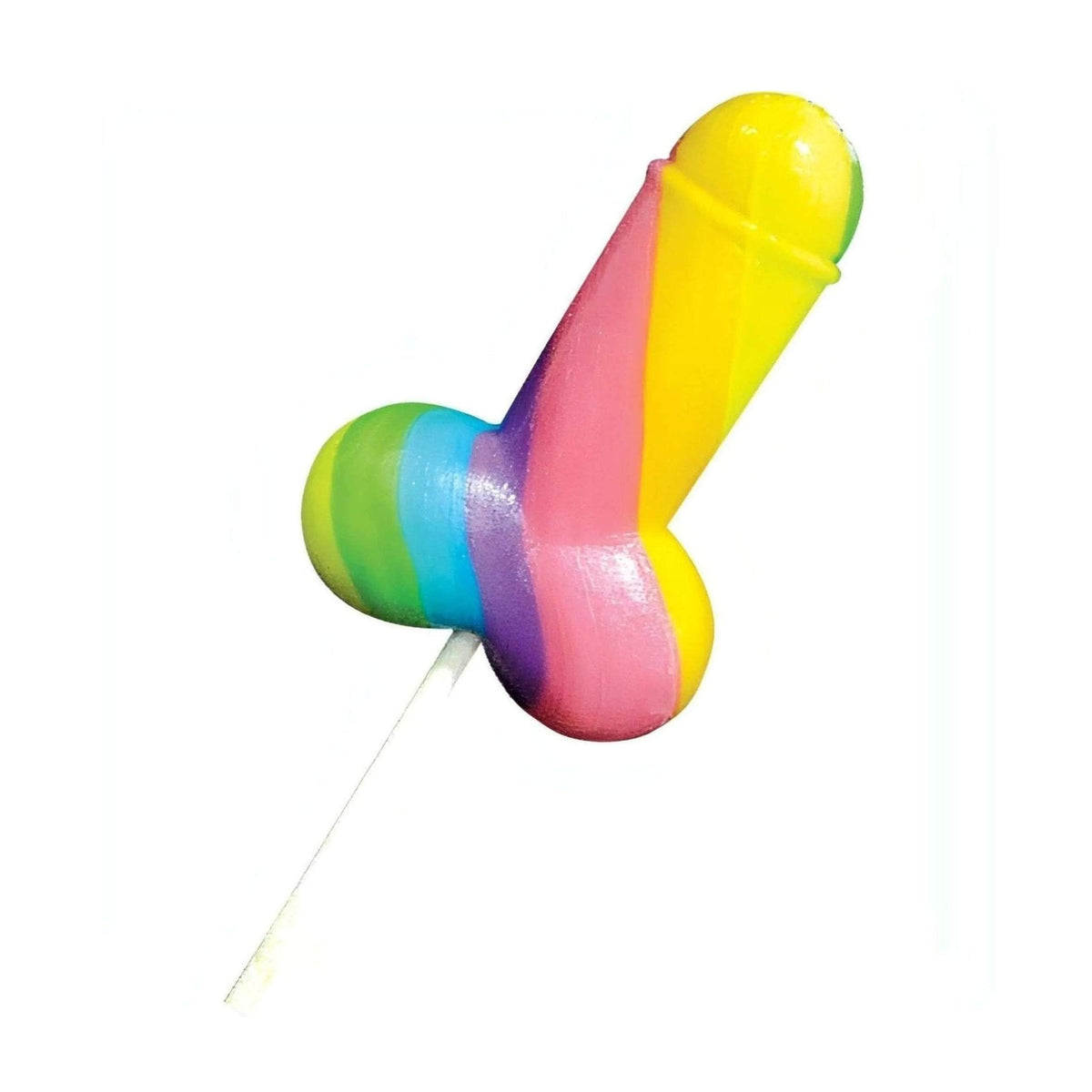 Lecca-lecca sexy arcobaleno a forma di pene lucido su bastoncino bianco