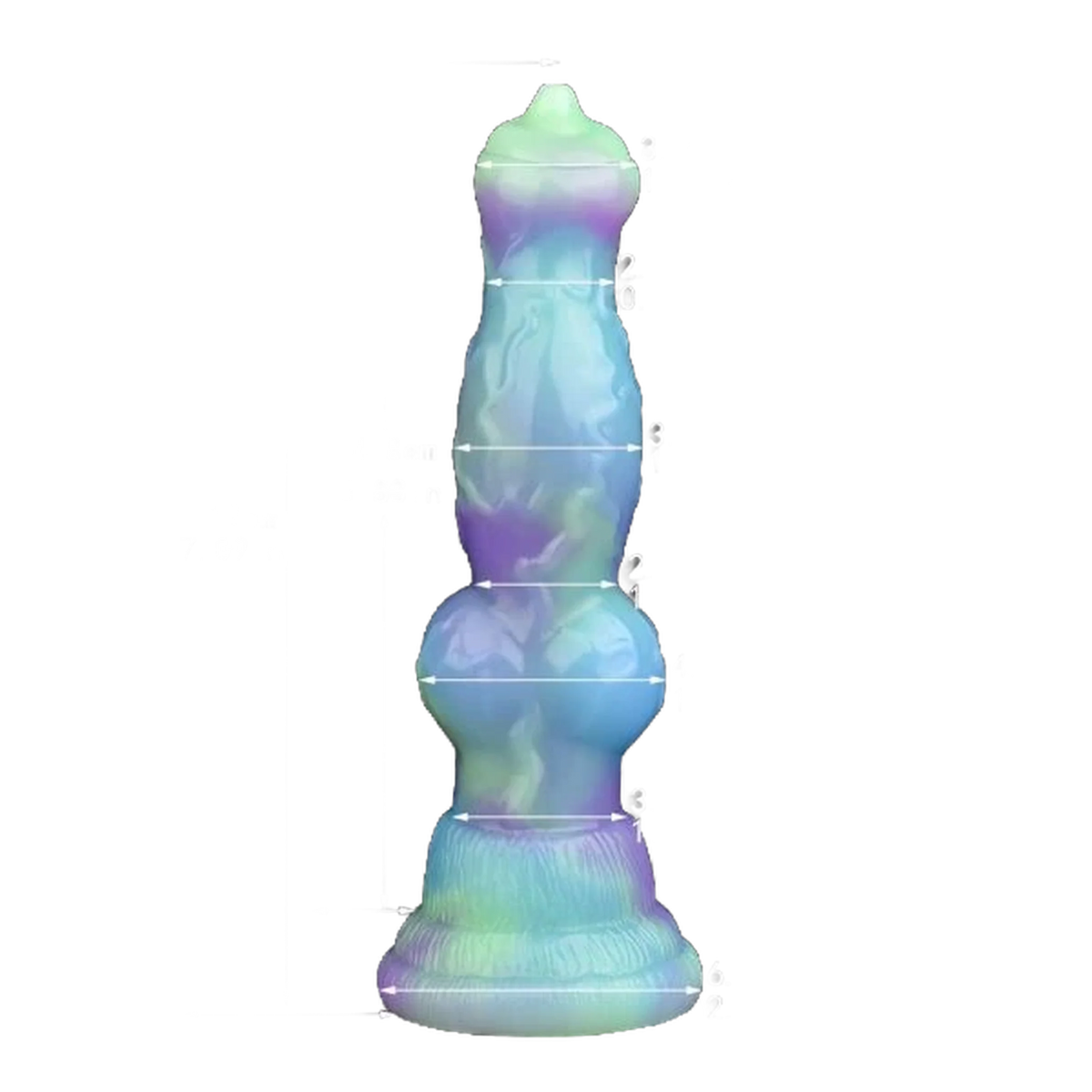 Dildo silicone colorato sfumato viola blu verde chiaro con indicatori di misura e incisioni base