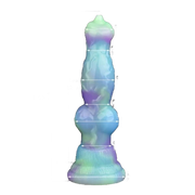 Dildo silicone colorato sfumato viola blu verde chiaro con indicatori di misura e incisioni base