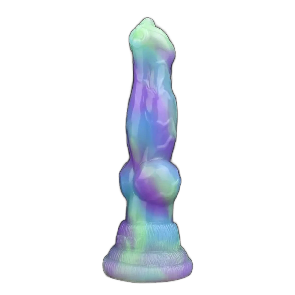 Vista frontale dildo silicone Lotus Wolf effetto gradiente viola blu verde con rilievo anatomico