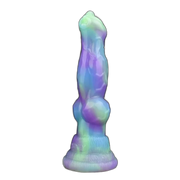 Vista frontale dildo silicone Lotus Wolf effetto gradiente viola blu verde con rilievo anatomico