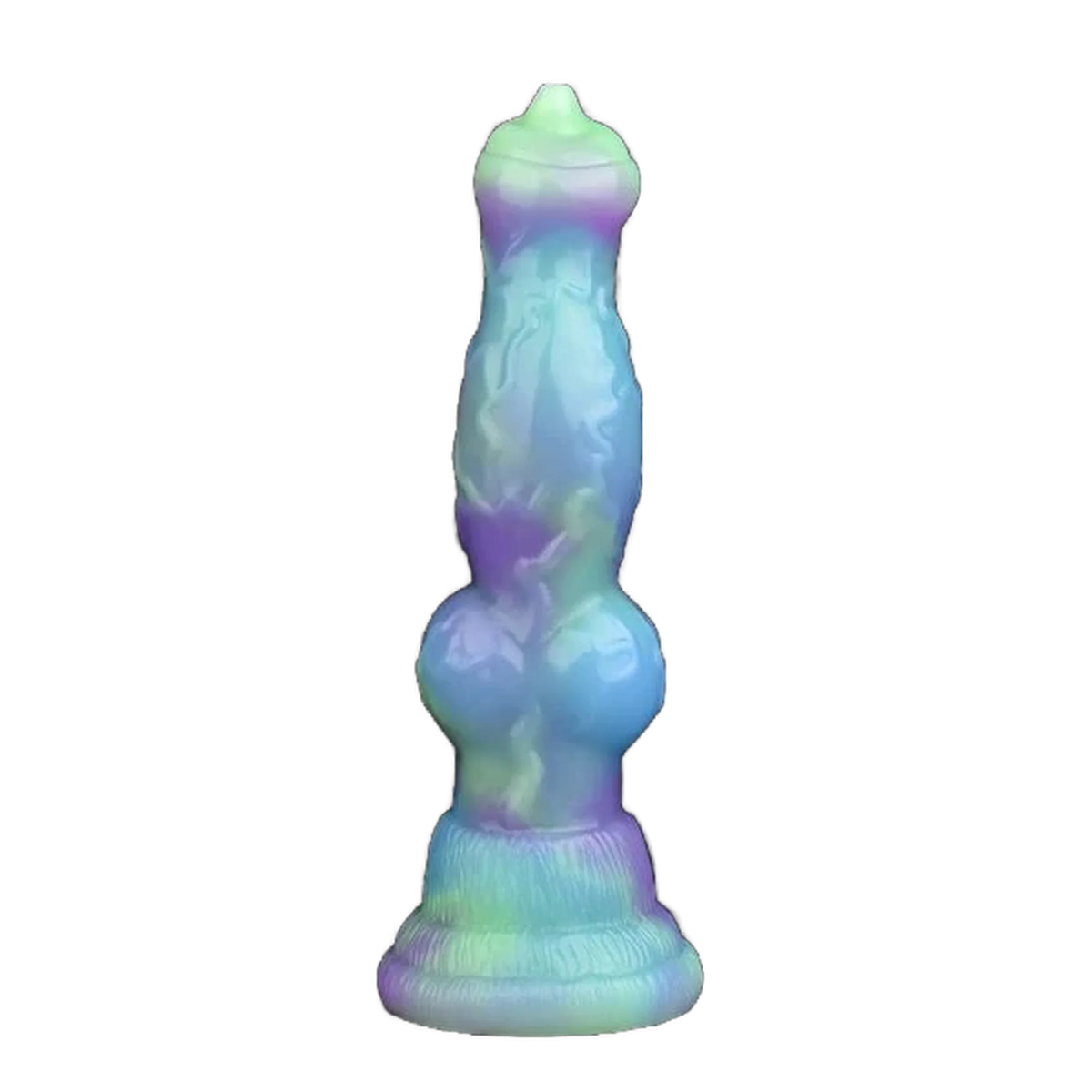 Dildo silicone effetto gradiente verde viola blu con sezione centrale ampia e base circolare