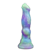 Dildo silicone Lotus Wolf testa curva verso l'alto colore sfumato viola blu verde azzurro