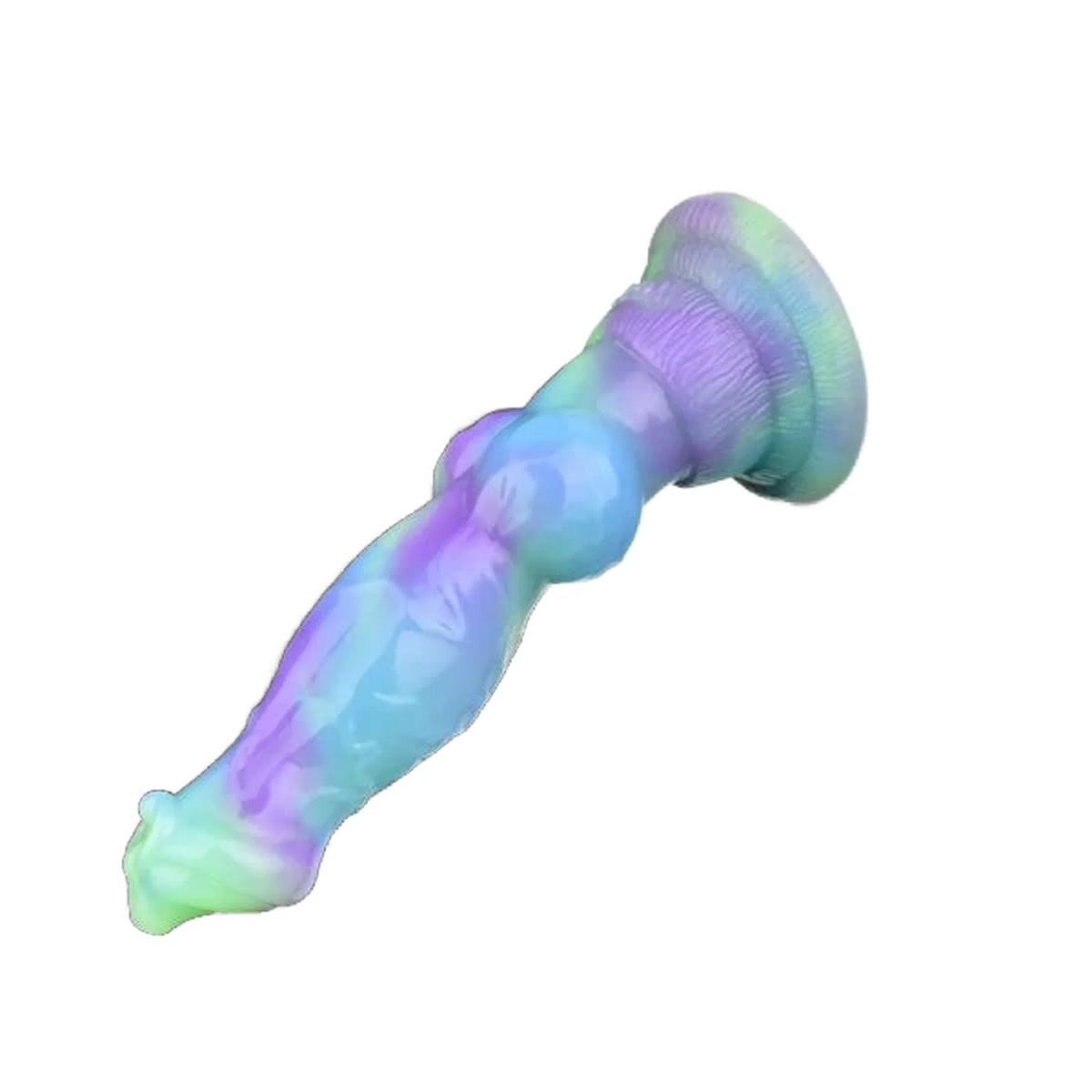 Profilo laterale dildo silicone ombreggiato viola blu verde chiaro con base decorata