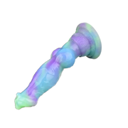 Profilo laterale dildo silicone ombreggiato viola blu verde chiaro con base decorata