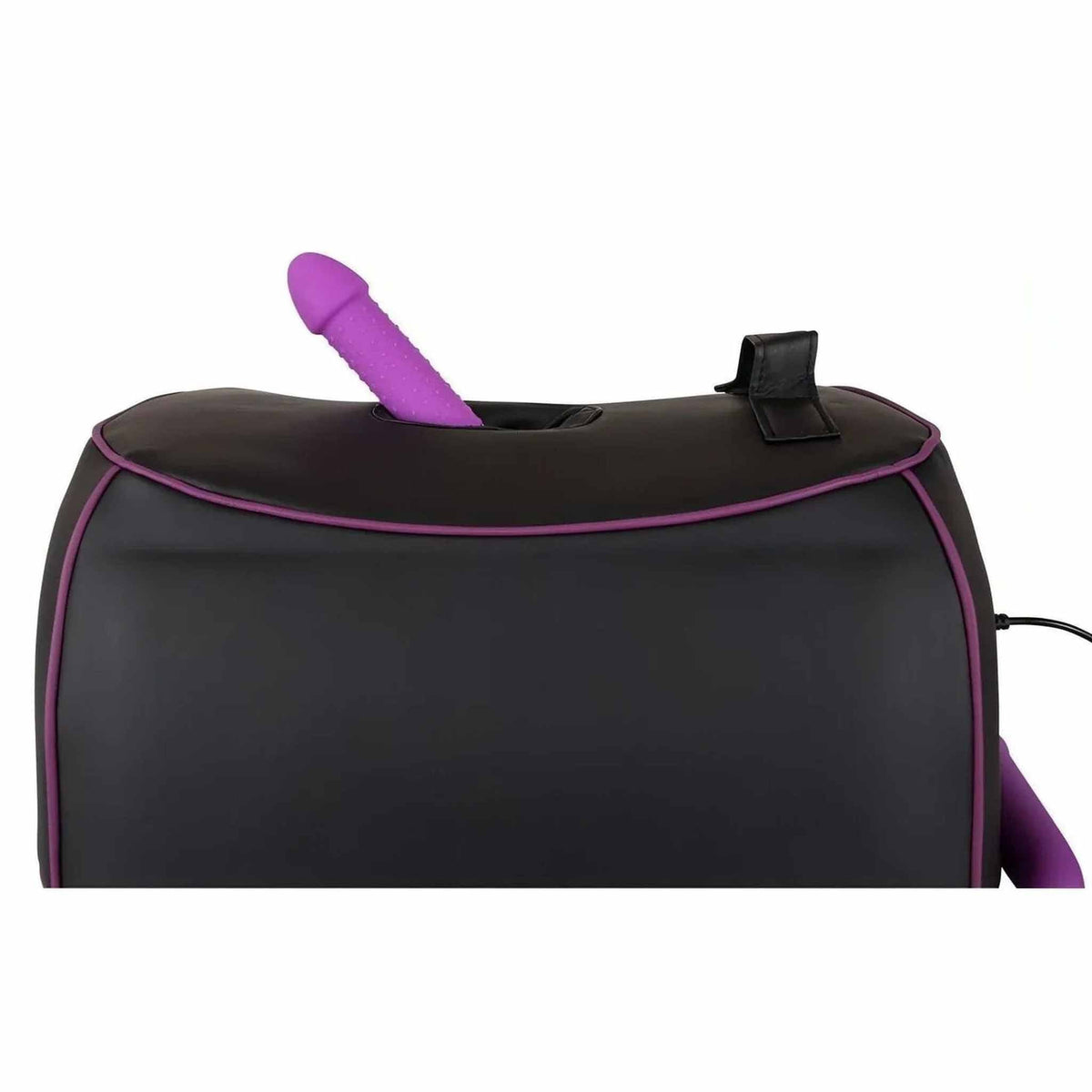 Love Machine nera con bordi viola e cinghia pelle, dotata di presa centrale per vibratore a noduli