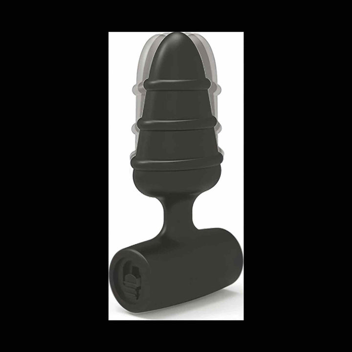 Plug anale vibrante nero in silicone morbido con tre anelli e impugnatura di sicurezza