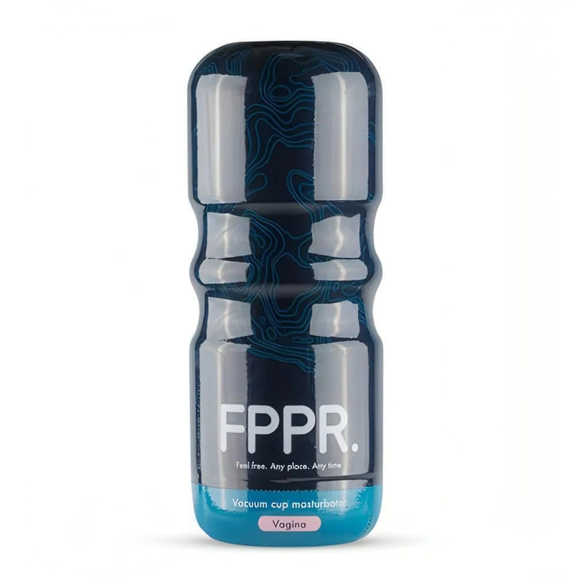 Masturbatore trasparente FPPR. con base blu e etichetta Vagina
