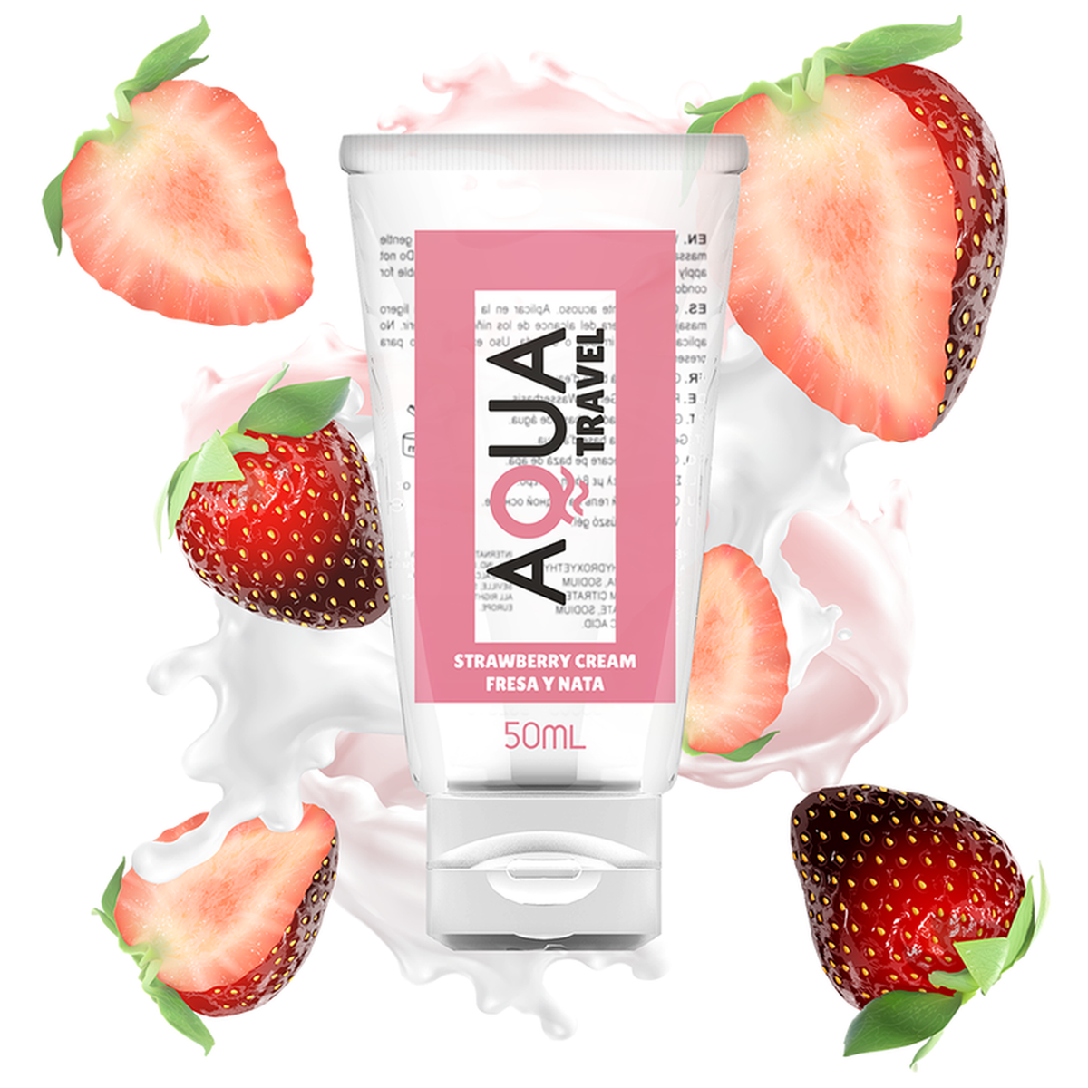 Lubrificante crema Aqua Travel aroma fragola e panna 50ml in tubo trasparente con fragole fresche