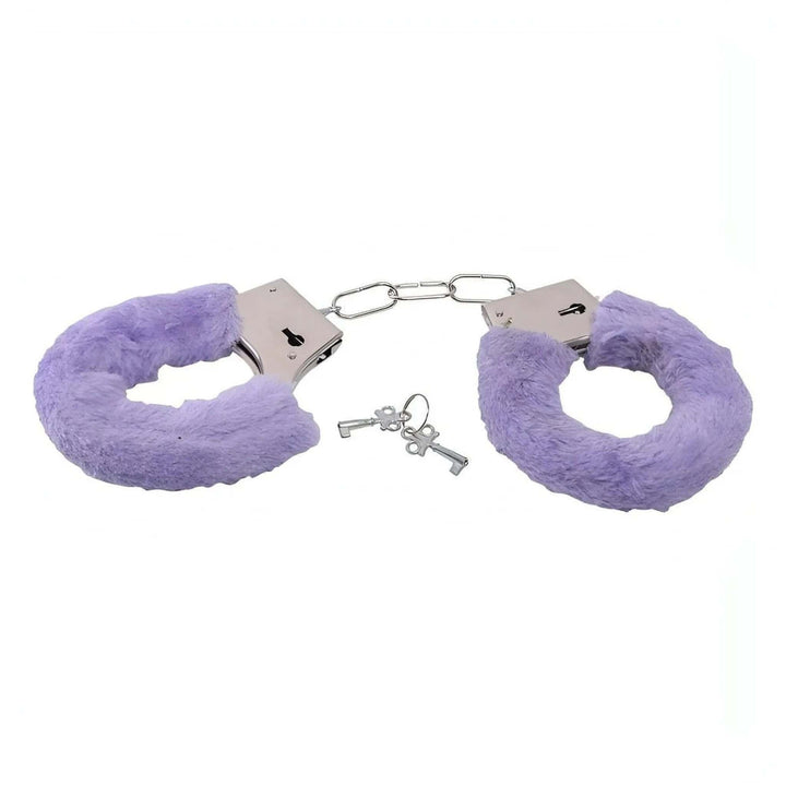 Manette metalliche con rivestimento in peluche lilla e chiavi a forma di fiore