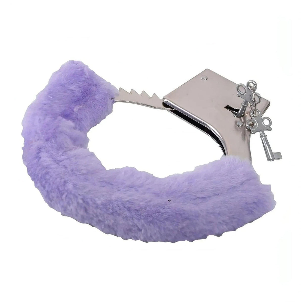 Dettaglio manette BDSM in metallo lucido con imbottitura morbida lilla