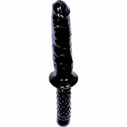 Doppio dildo Falcon nero in PVC lucido con base a rilievi a cuore per presa sicura