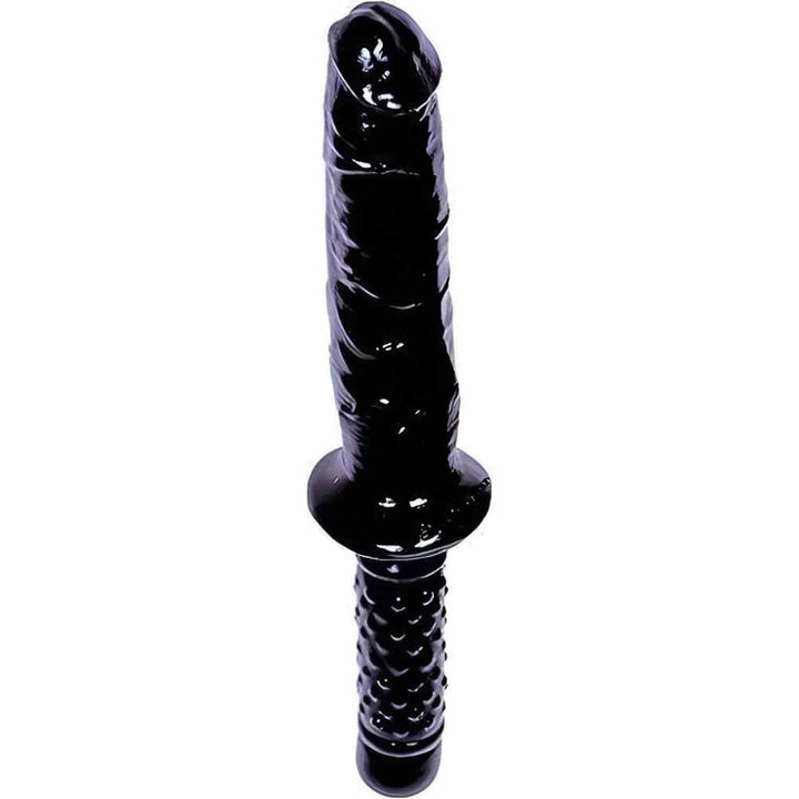 Doppio dildo Falcon nero in PVC lucido con base a rilievi a cuore per presa sicura