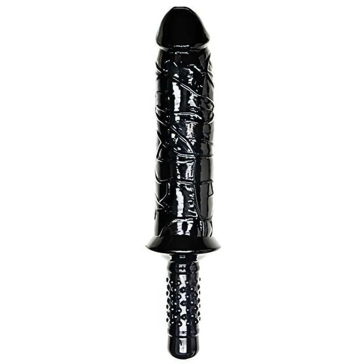 Doppio dildo Falcon nero in PVC lucido con superficie a righe spiralate e impugnatura antiscivolo