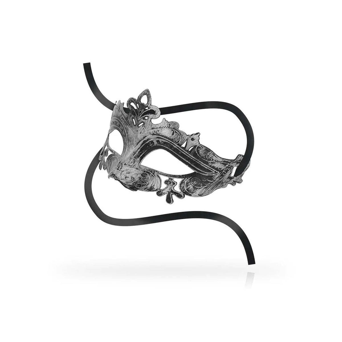 Maschera veneziana argento stile barocco vista laterale con ornamenti intagliati