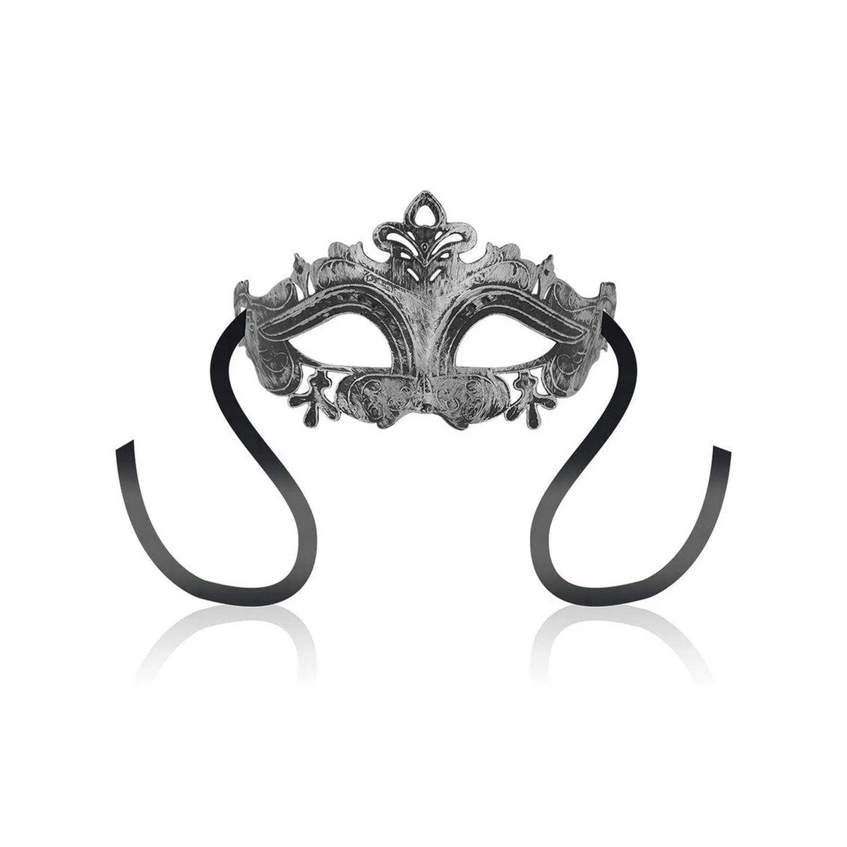 Maschera veneziana argento barocca con dettagli floreali e fasce nere