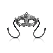 Maschera veneziana argento barocca con dettagli floreali e fasce nere