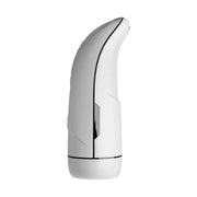 Vista laterale masturbatore elettrico bianco con texture a rombi e design ergonomico compatto