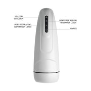 Pulsanti controllo frontale masturbatore elettrico bianco per riscaldamento e vibrazione intensità