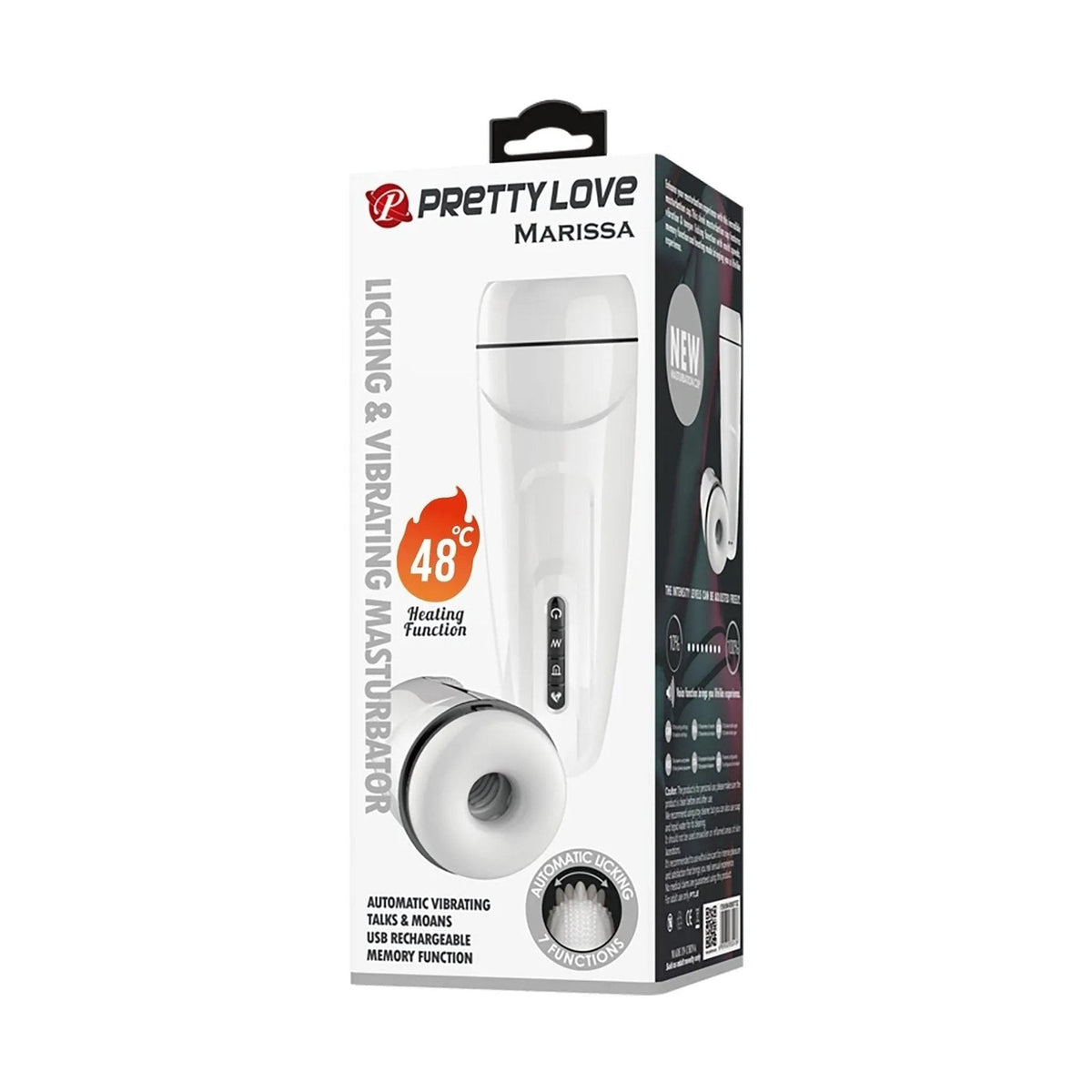 Scatola imballaggio masturbatore elettrico Pretty Love Marissa con icone funzioni USB ricarica