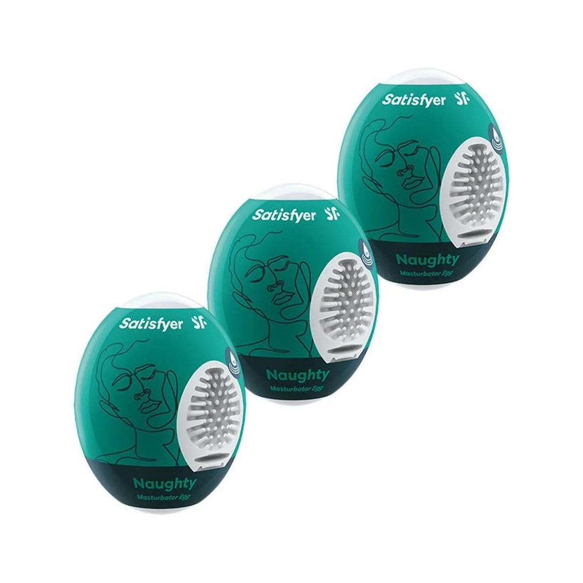 Uova masturbatorie Satisfyer Noughty turchesi con design volto stilizzato e texture spina di pesce
