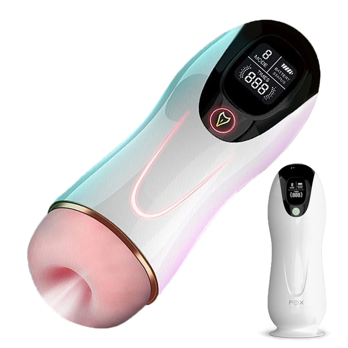Masturbatore automatico FoxShow iridescente rosa con base dorata e display