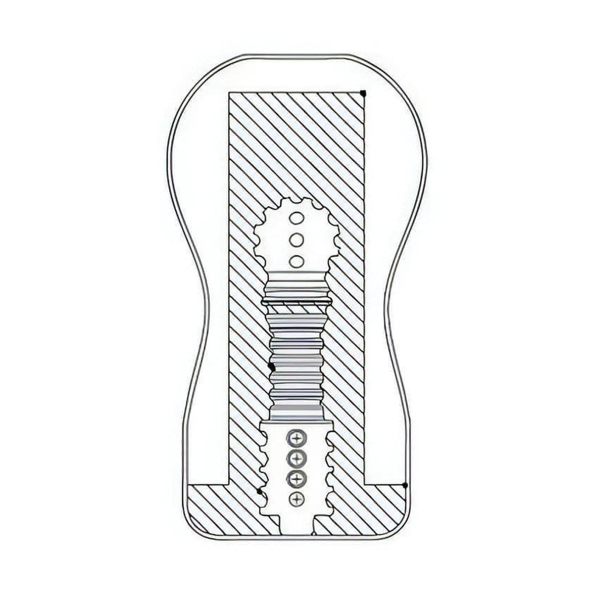 Sezione trasversale masturbatore tubo Ano mostra struttura interna ergonomica e meccanismo a vite