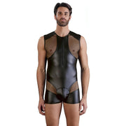 Playsuit aderente uomo nero finitura opaca con zip centrale e inserti rete petto