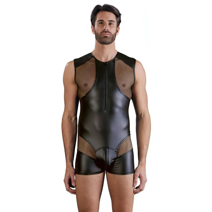Playsuit aderente uomo nero finitura opaca con zip centrale e inserti rete petto