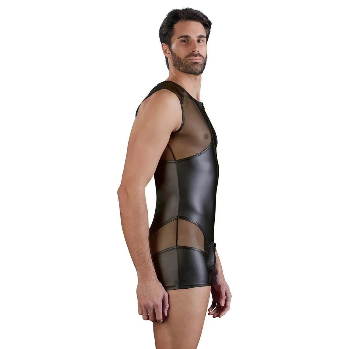 Playsuit nero uomo finitura opaca vista profilo con zip frontale e inserti rete