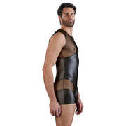 Playsuit nero uomo finitura opaca vista profilo con zip frontale e inserti rete