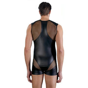 Vista posteriore playsuit uomo nero opaco con zip schiena e inserti rete dorsali